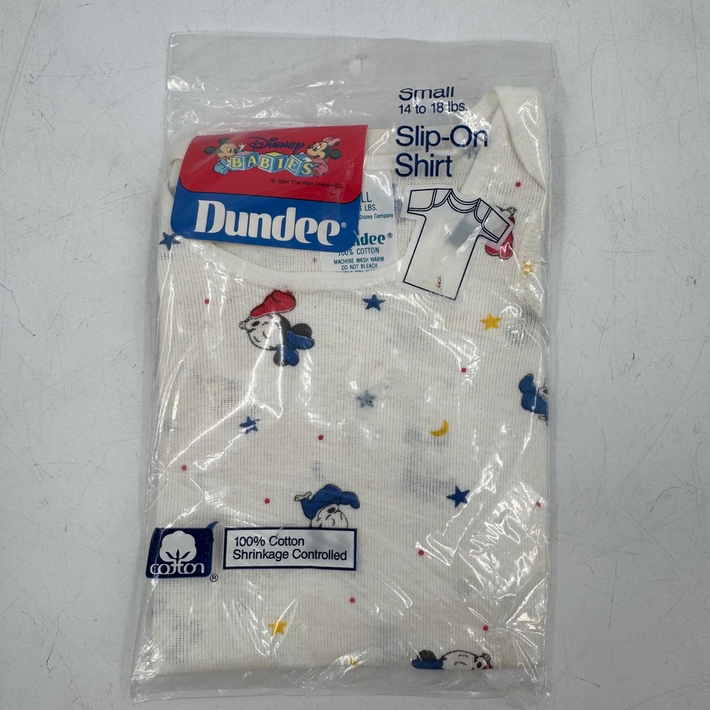 Vintage 1984 Disney Babies Dundee Small 14-18 lbs White Cotton Slip On Shirt NOS